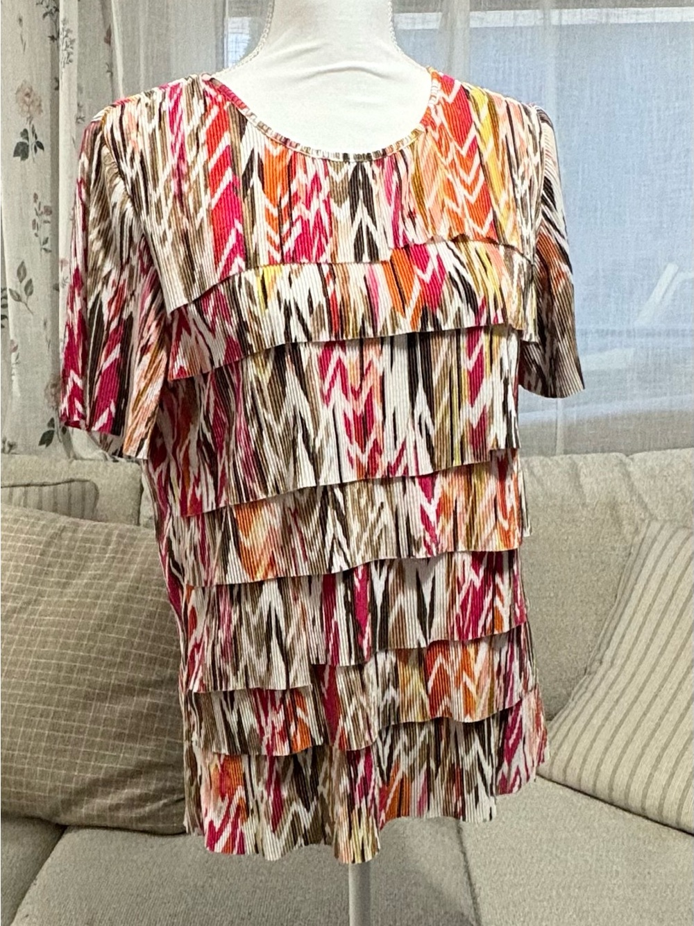 Alfred Dunner Pink Orange Brown Layered Ikat Short Sleeve Top